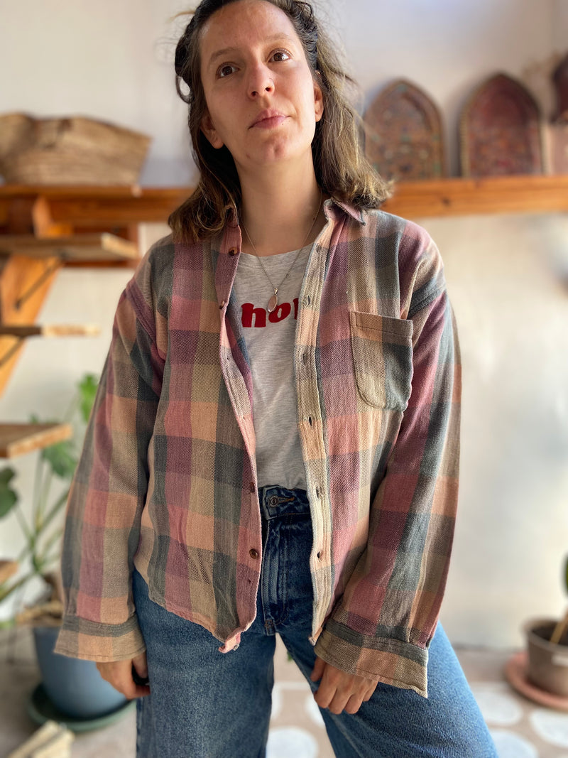 VINTAGE 90's Dusty Pastel Checked Long Sleeve Flannel Shirt - M