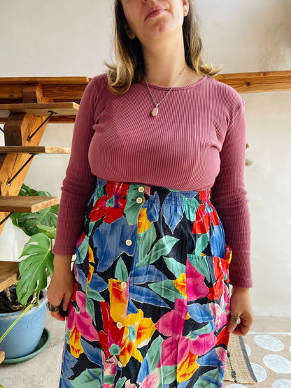 VINTAGE 90's Bright Floral Midi Skirt - M