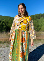 DESERT FOX Dahlia Midi Dress - 70's Orange Florals Tie Front - S/M