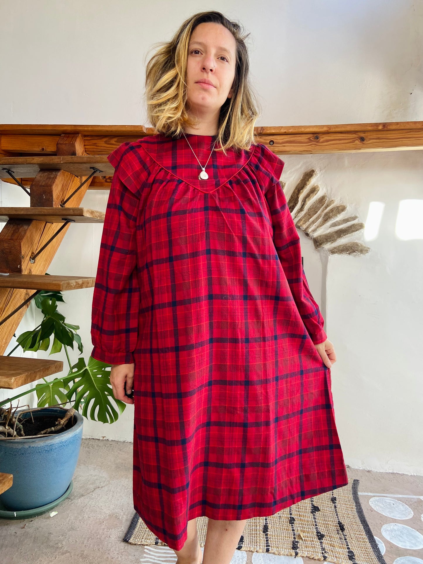 VINTAGE 80’s Tartan Checked Midi Dress - M/L