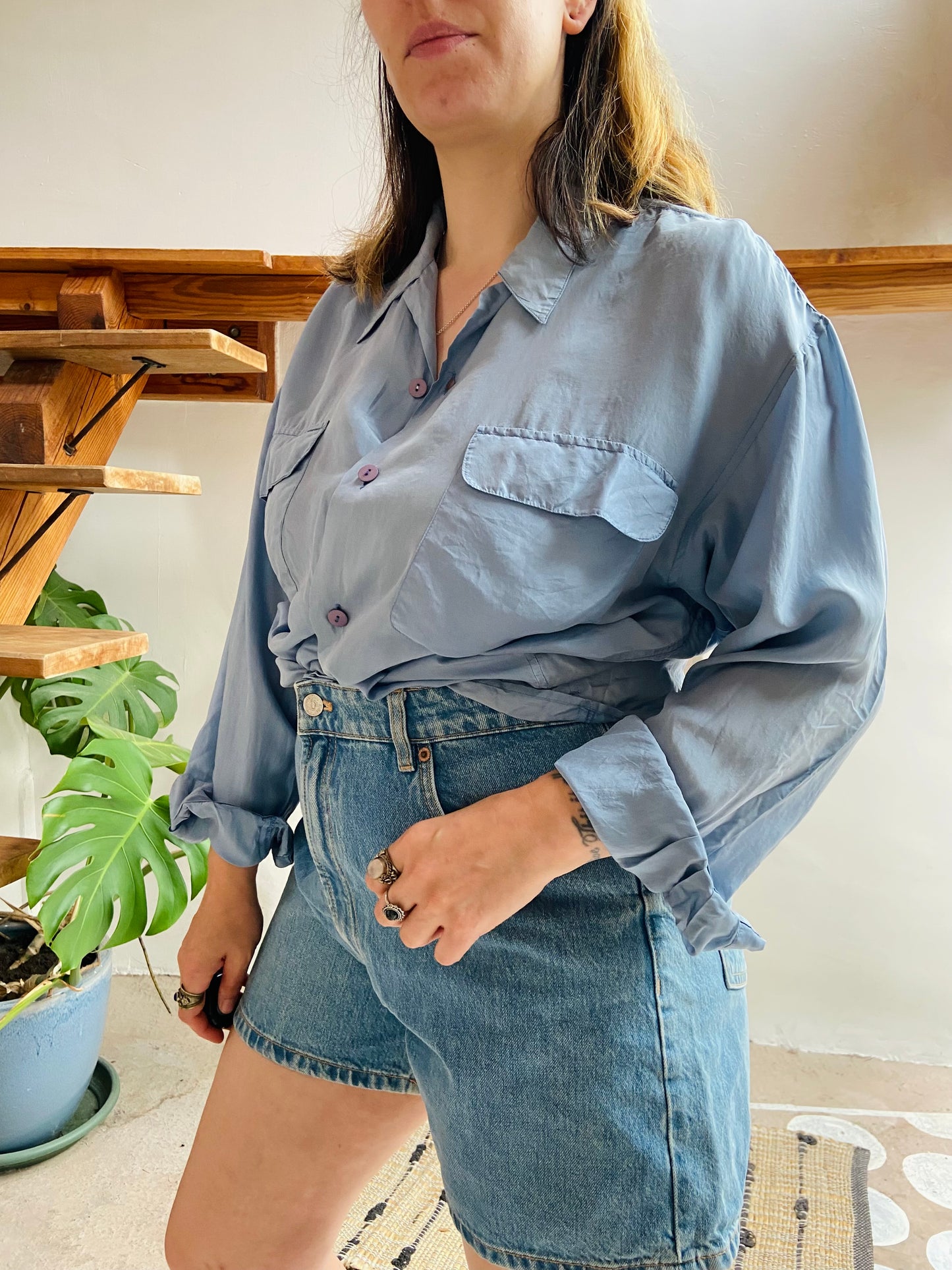 VINTAGE Pretty Blue Silk Long Sleeve Shirt - M/L