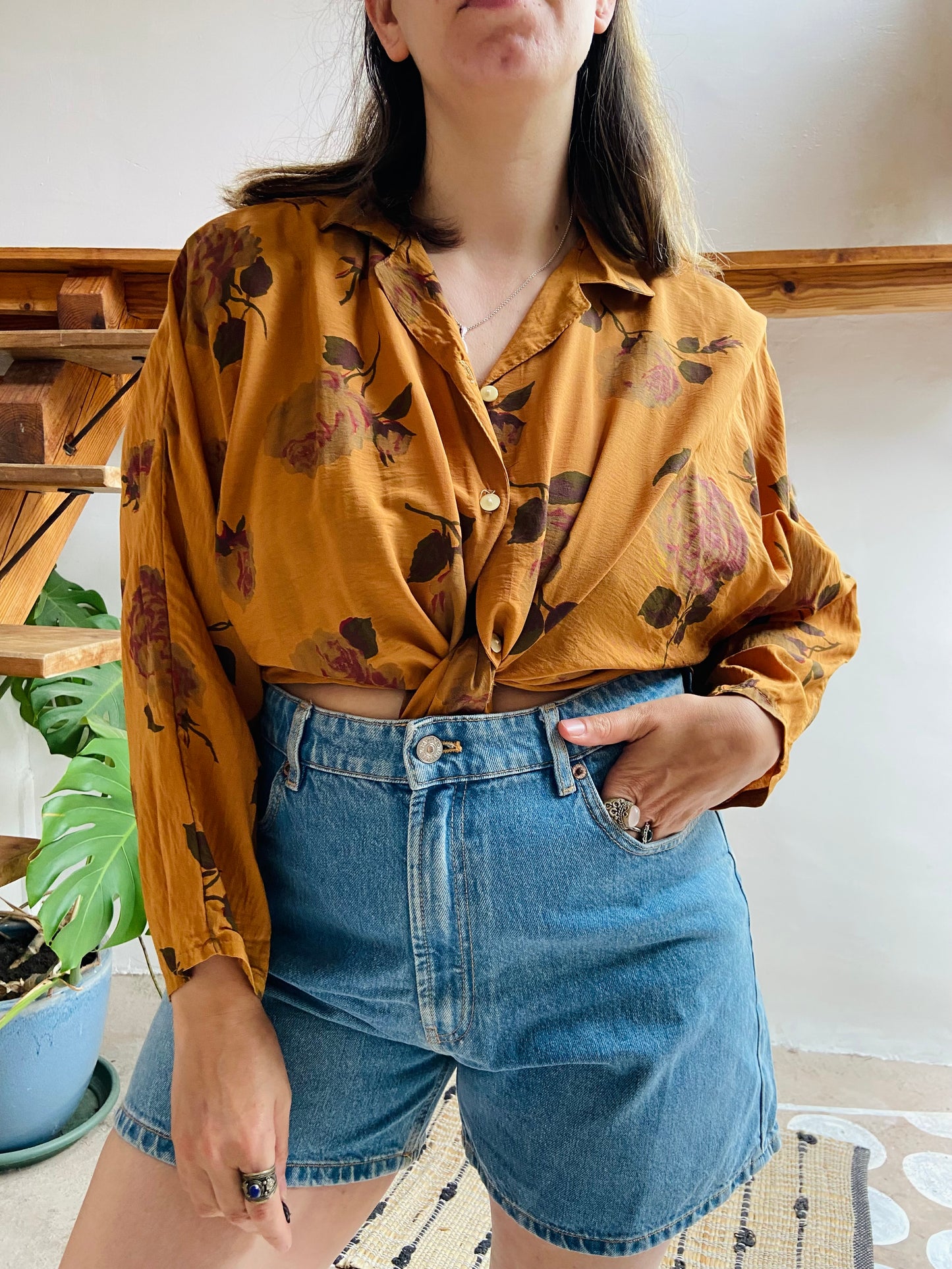 VINTAGE 80's Mustard Floral Long Sleeve Shirt - M/L