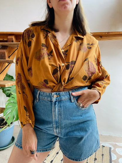 VINTAGE 80's Mustard Floral Long Sleeve Shirt - M/L