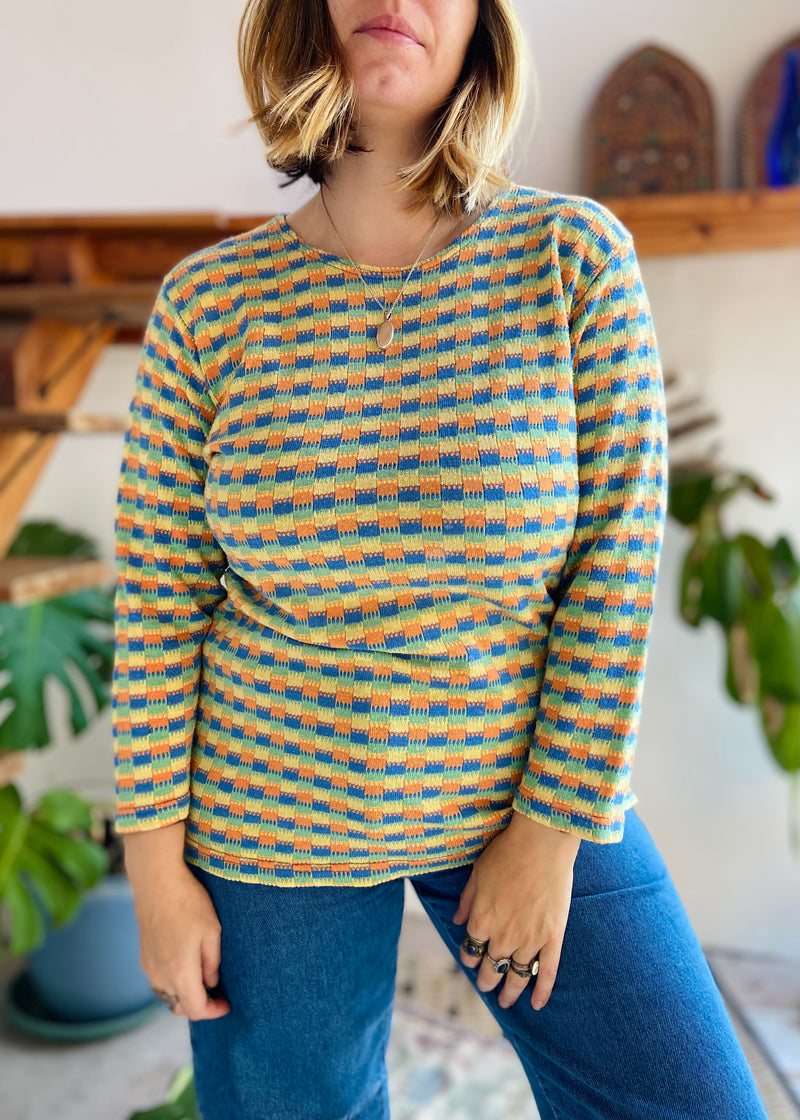 VINTAGE 90's Checkerboard Style Bright Long Sleeve Top - M