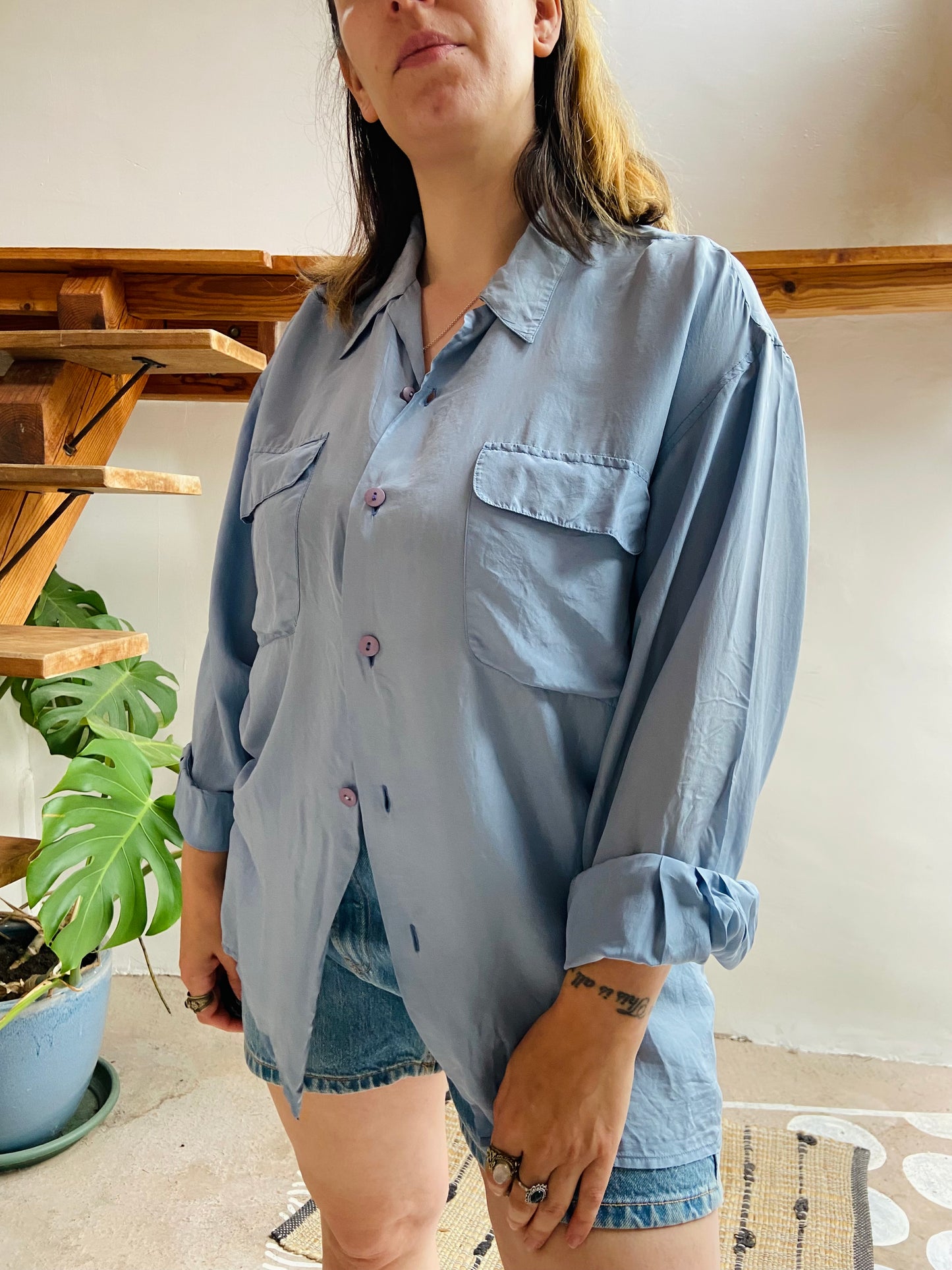 VINTAGE Pretty Blue Silk Long Sleeve Shirt - M/L