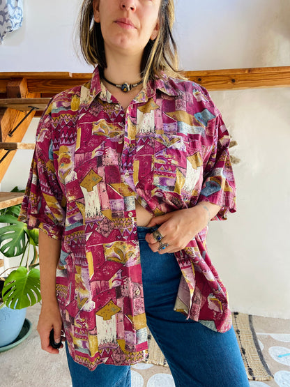 VINTAGE 90's Bohemian Pattern Purple Short Sleeve Shirt - L