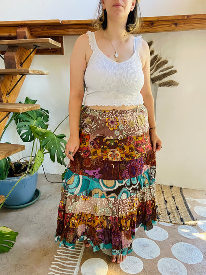 VINTAGE 90's Bohemian Patchwork Ruffle Maxi Skirt - L