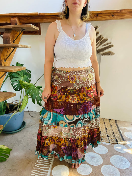 VINTAGE 90's Bohemian Patchwork Ruffle Maxi Skirt - L