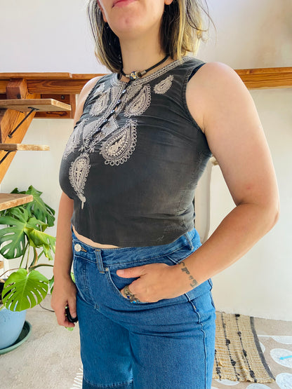 VINTAGE 90's Bohemian Embroidered Crop Top - S