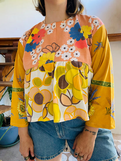 DESERT FOX Patchwork Orange Sunflower Floral Ruffle Top - M/L