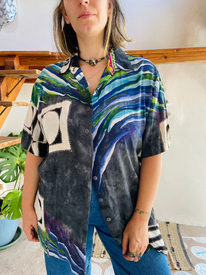 VINTAGE 90's Funky Bohemian Patterned Short Sleeve Shirt - M/L