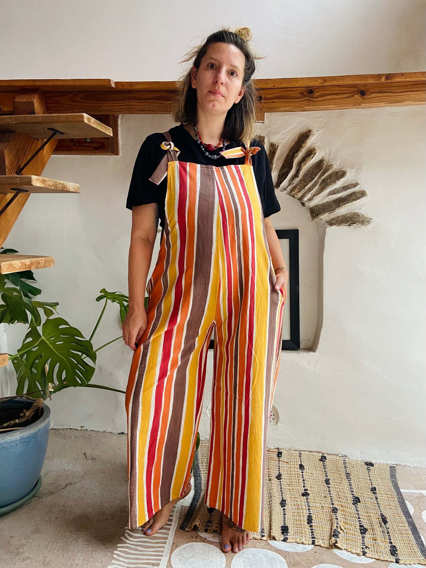 DESERT FOX Orange & Brown Stripe Wide Leg Dungarees - M/L
