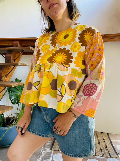 DESERT FOX Patchwork 70's Orange & Pink Floral Ruffle Top - S/M