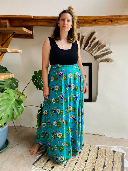 VINTAGE 70's Bright Blue Floral Wraparound Maxi Skirt - M/L