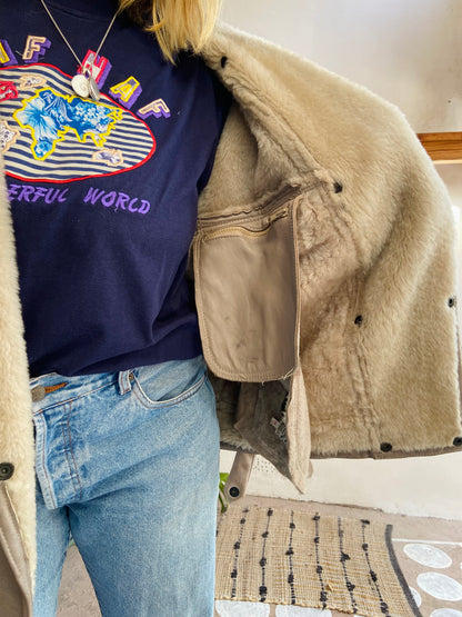 VINTAGE 80’s Sheepskin Grey Oversized Suede Coat Jacket - L/XL