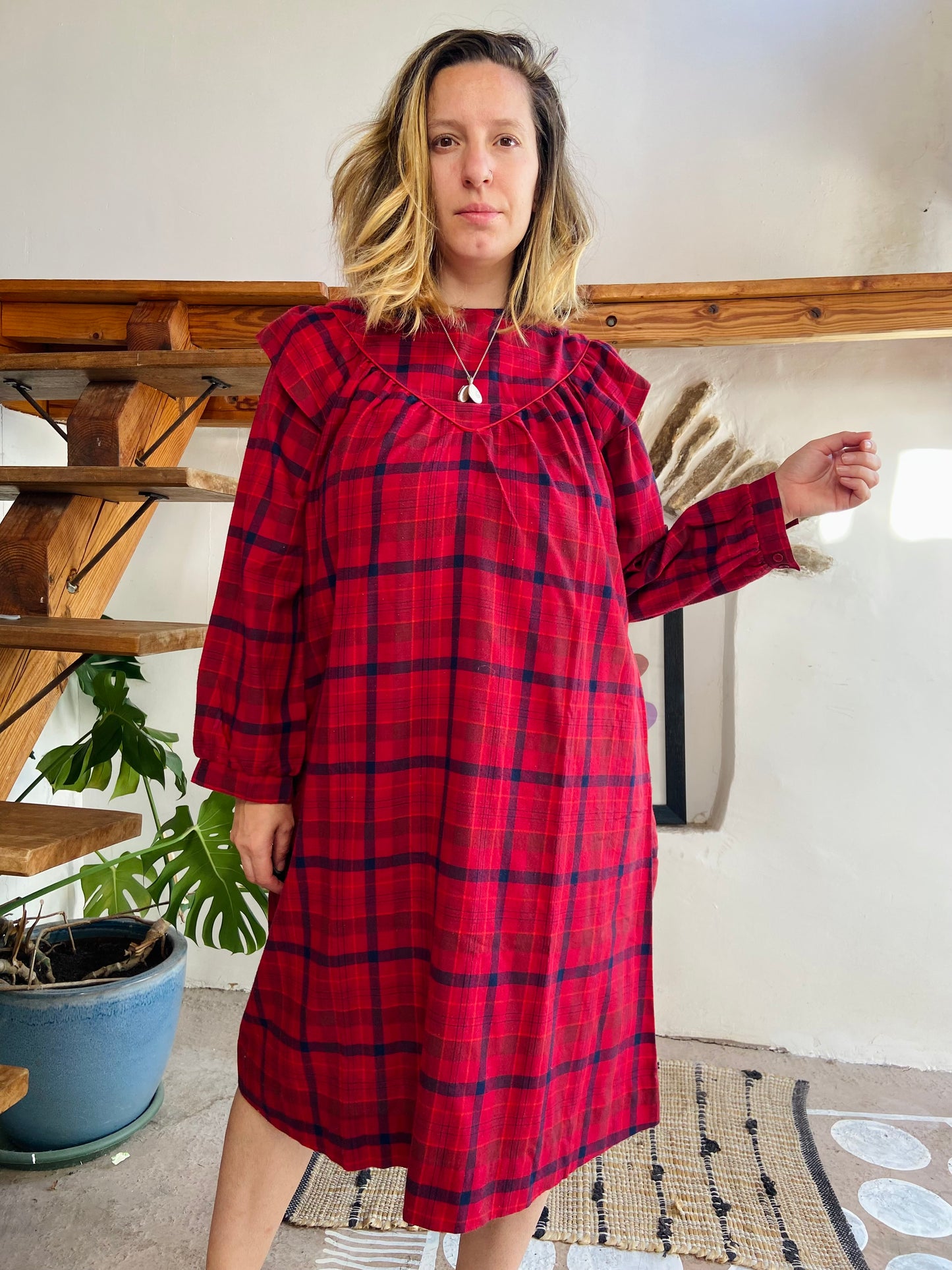 VINTAGE 80’s Tartan Checked Midi Dress - M/L