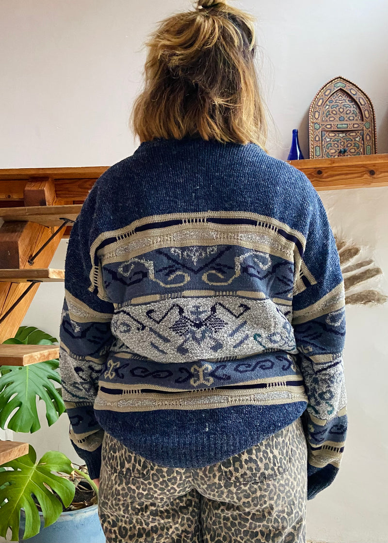 VINTAGE 90's Blue Patterned Knit Jumper - M/L