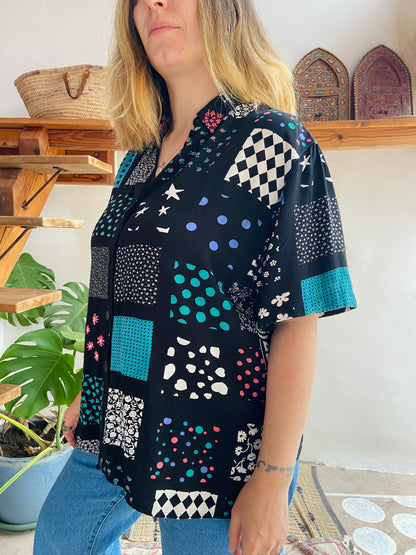 VINTAGE 80’s Patchwork Style Short Sleeve Shirt - M/L
