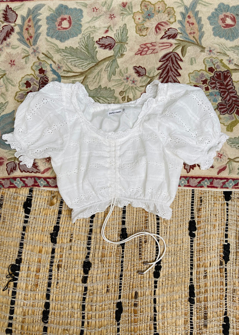 VINTAGE 90's Broiderie Anglaise White Cotton Crop Top - S