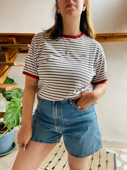 VINTAGE 90's Blue & White & Red Stripe Tee T-Shirt - M/L