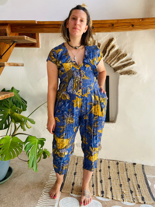 VINTAGE 80's Floral Bohemian Pattern Jumpsuit - S