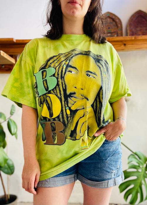 VINTAGE 90's Bob Marley Green Tie Dye Reggae T-Shirt - L