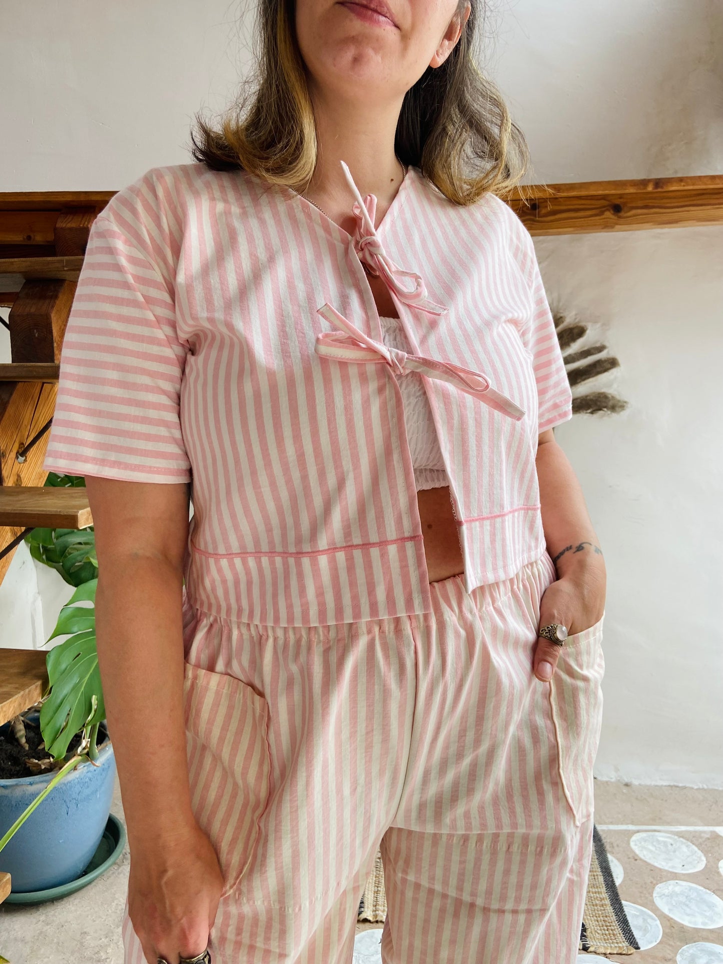 DESERT FOX Pink & White Stripe Print Tie Front Crop Top - S/M