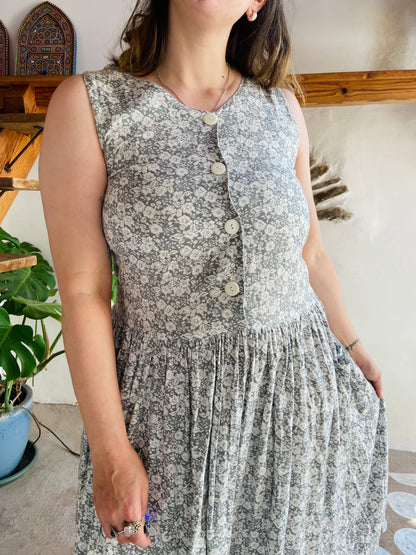 VINTAGE 90's Grey Floral Midi Dress - S/M