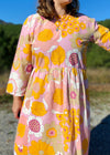 DESERT FOX Dahlia Midi Dress - Pink & Orange 70's Florals - M/L