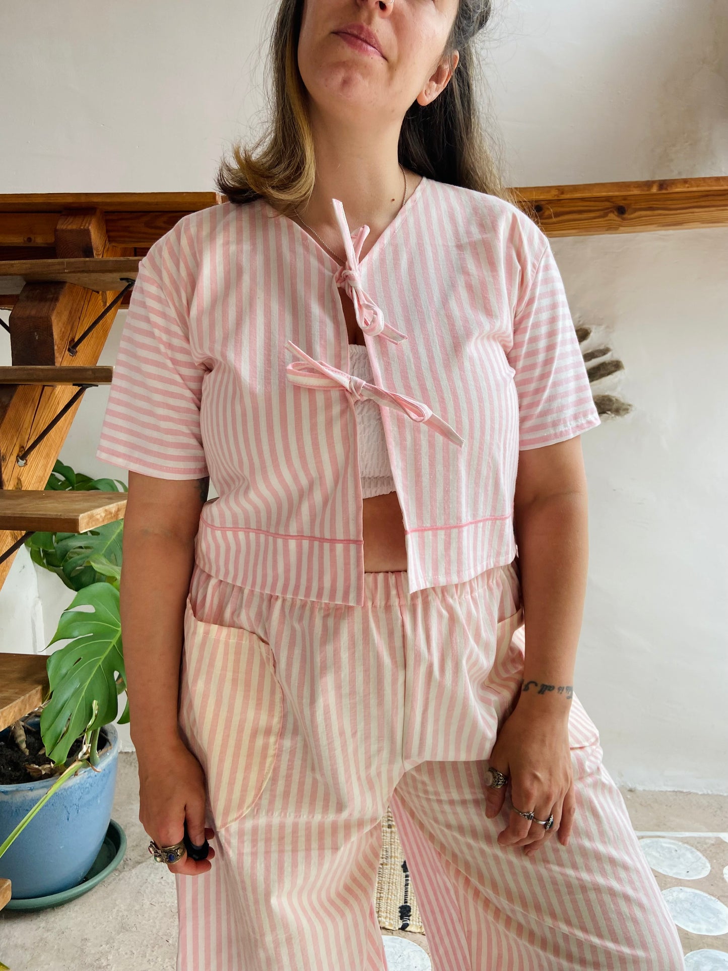 DESERT FOX Pink & White Stripe Print Tie Front Crop Top - S/M