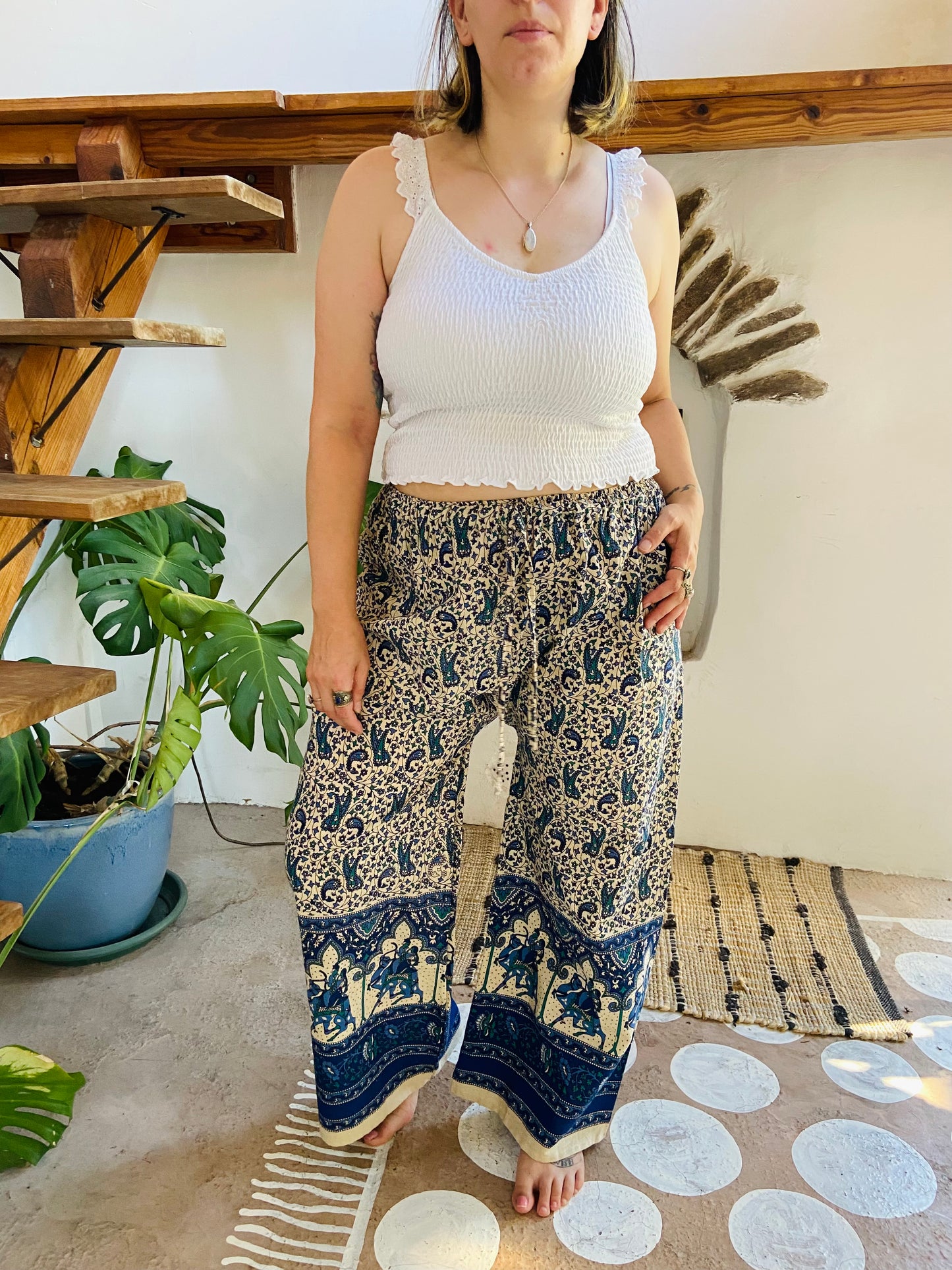 VINTAGE 90's Blue Indian Elephant Bohemian Wide Leg Trousers - M/L