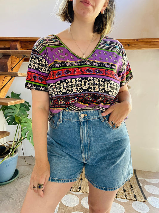 VINTAGE 90’s Boho Pattern Short Sleeve Top - M/L