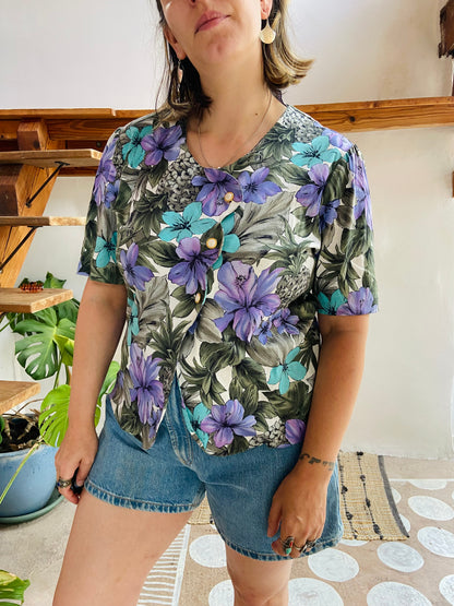 VINTAGE 80’s Blue & Purple Floral Short Sleeve Top - S/M