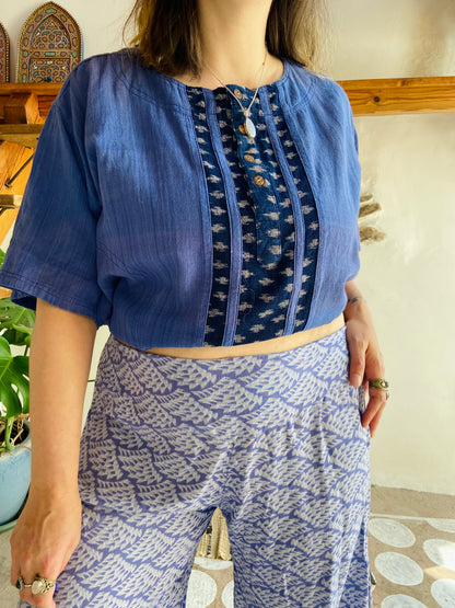 VINTAGE 90's Blue Bohemian Woven Short Sleeve Tunic Top - M/L