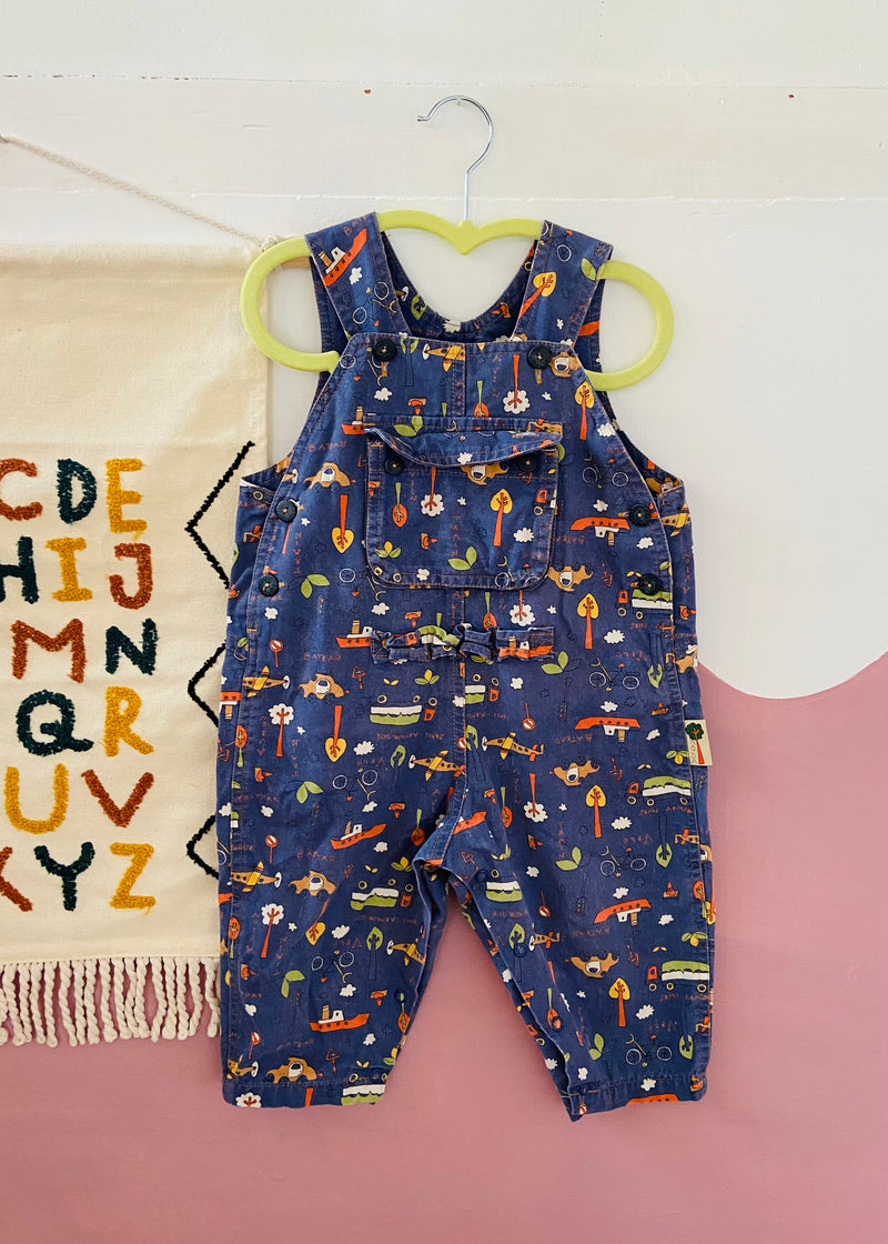 VINTAGE 90's Blue Tree Pattern Dungarees - 18 MONTHS