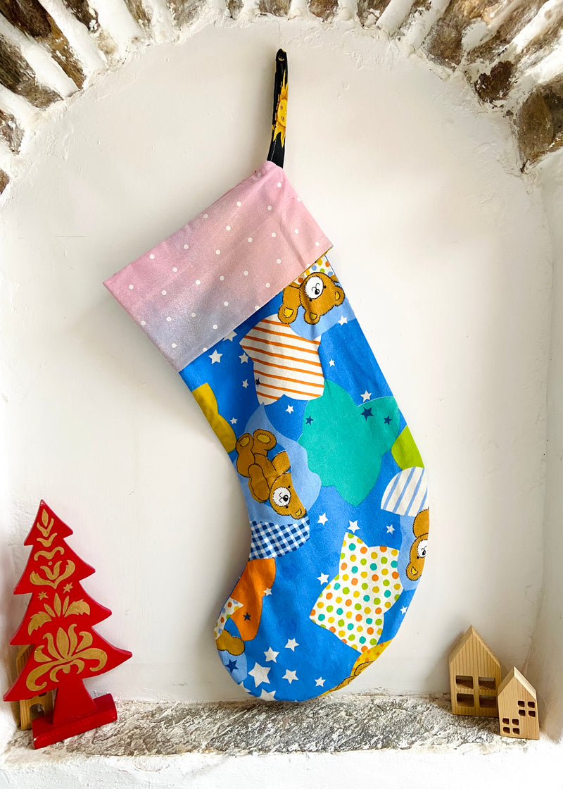 DESERT FOX Handmade Vintage Fabric Christmas Stocking - Children’s Bear Snowfall