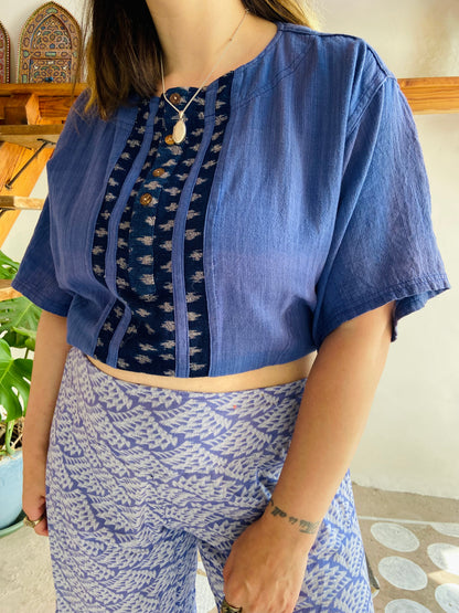 VINTAGE 90's Blue Bohemian Woven Short Sleeve Tunic Top - M/L