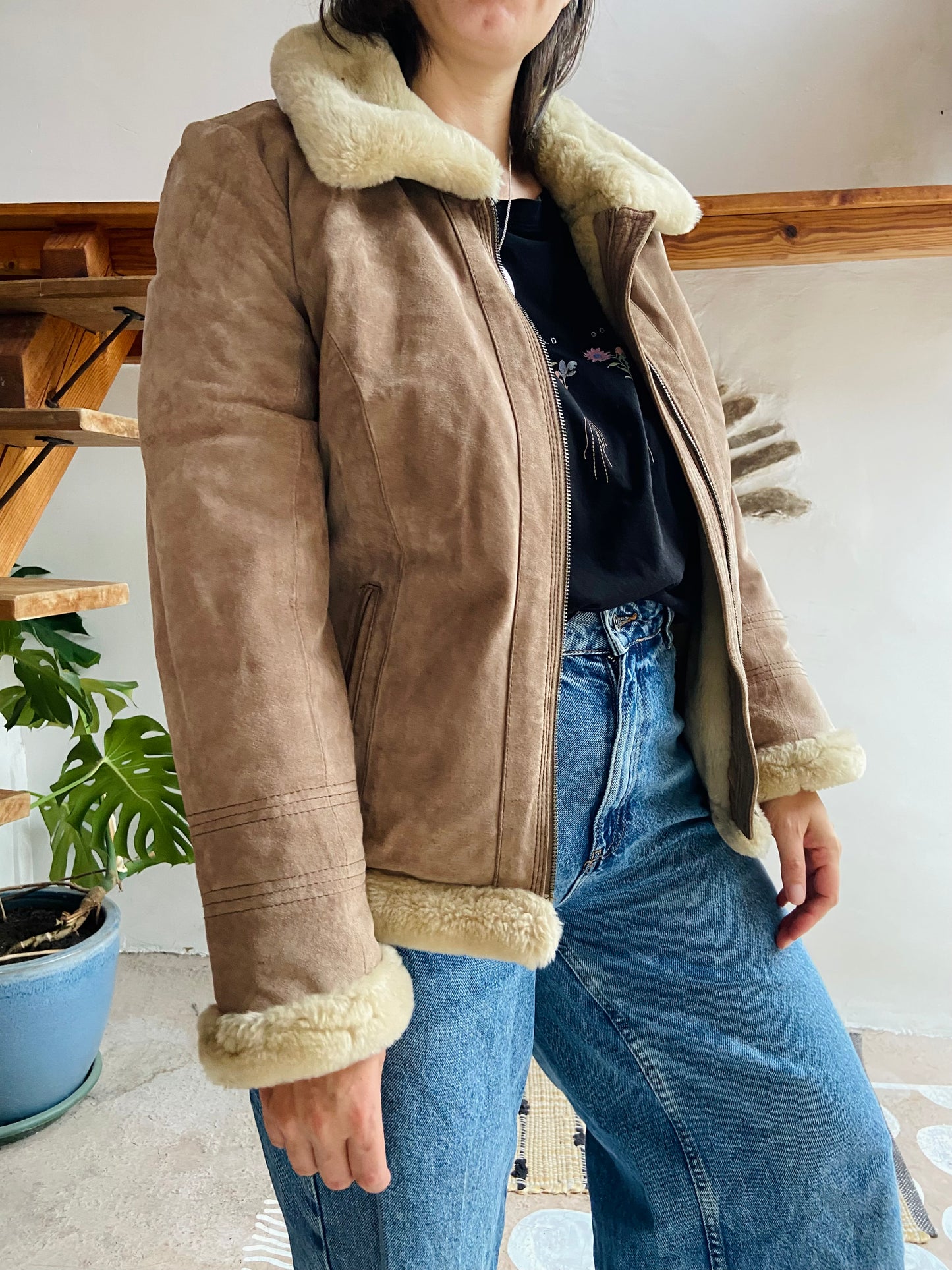 VINTAGE Retro Suede Tan Faux Fur Jacket Coat - M/L