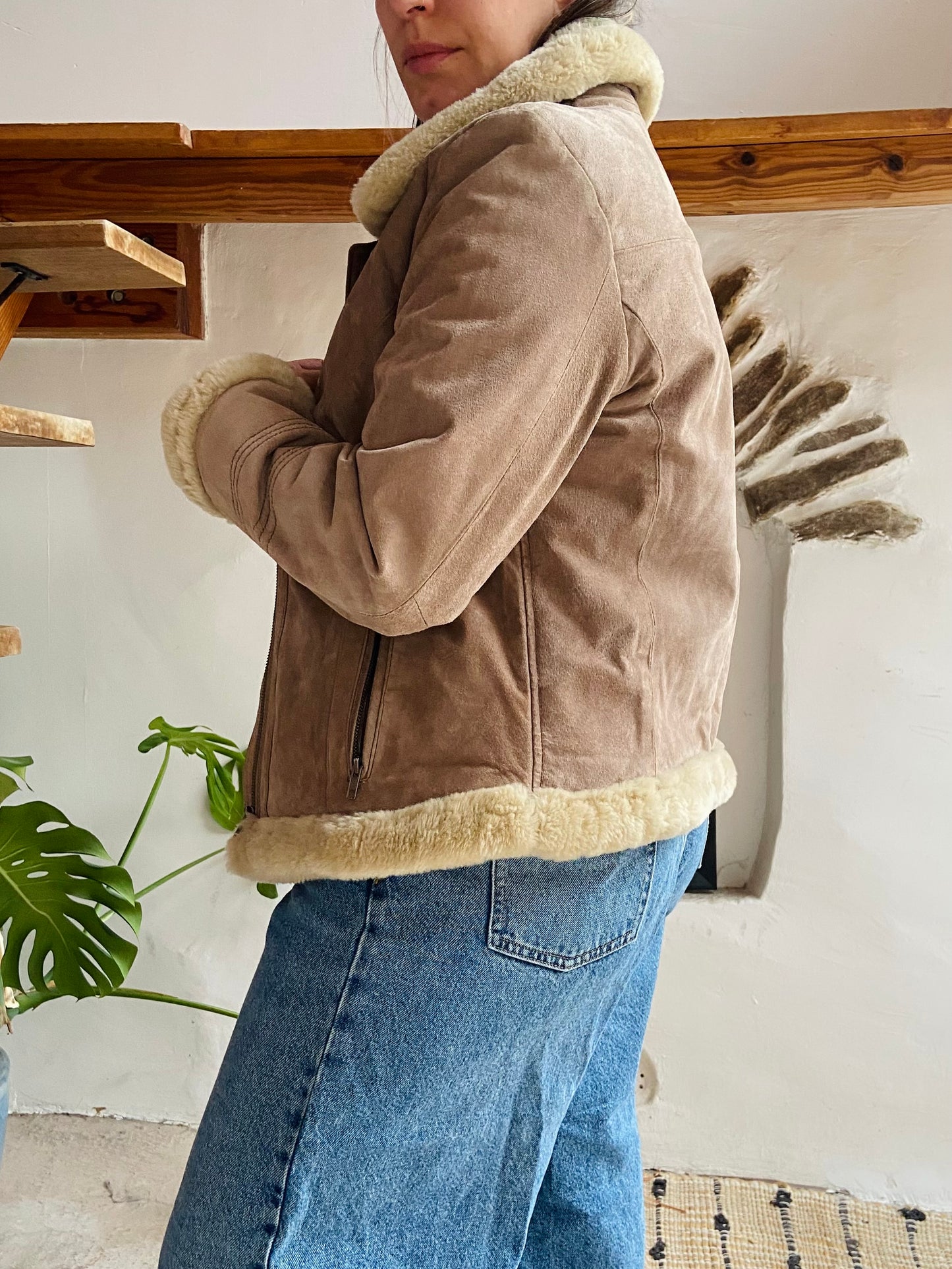 VINTAGE Retro Suede Tan Faux Fur Jacket Coat - M/L