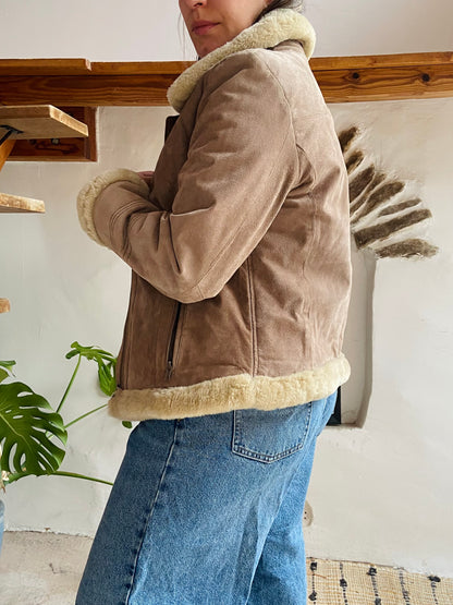 VINTAGE Retro Suede Tan Faux Fur Jacket Coat - M/L