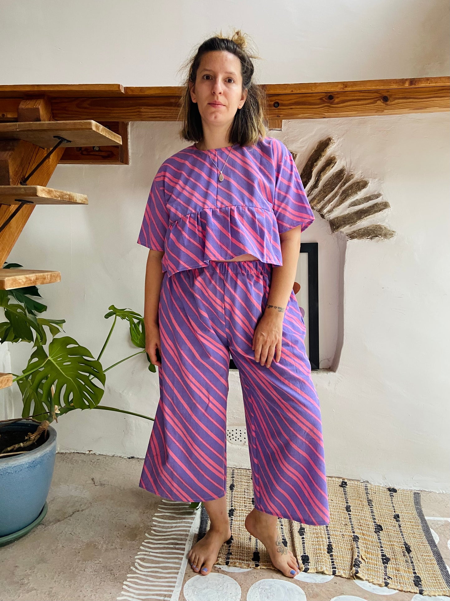 DESERT FOX Purple Chevron Stripe Wide Leg Trousers - M/L