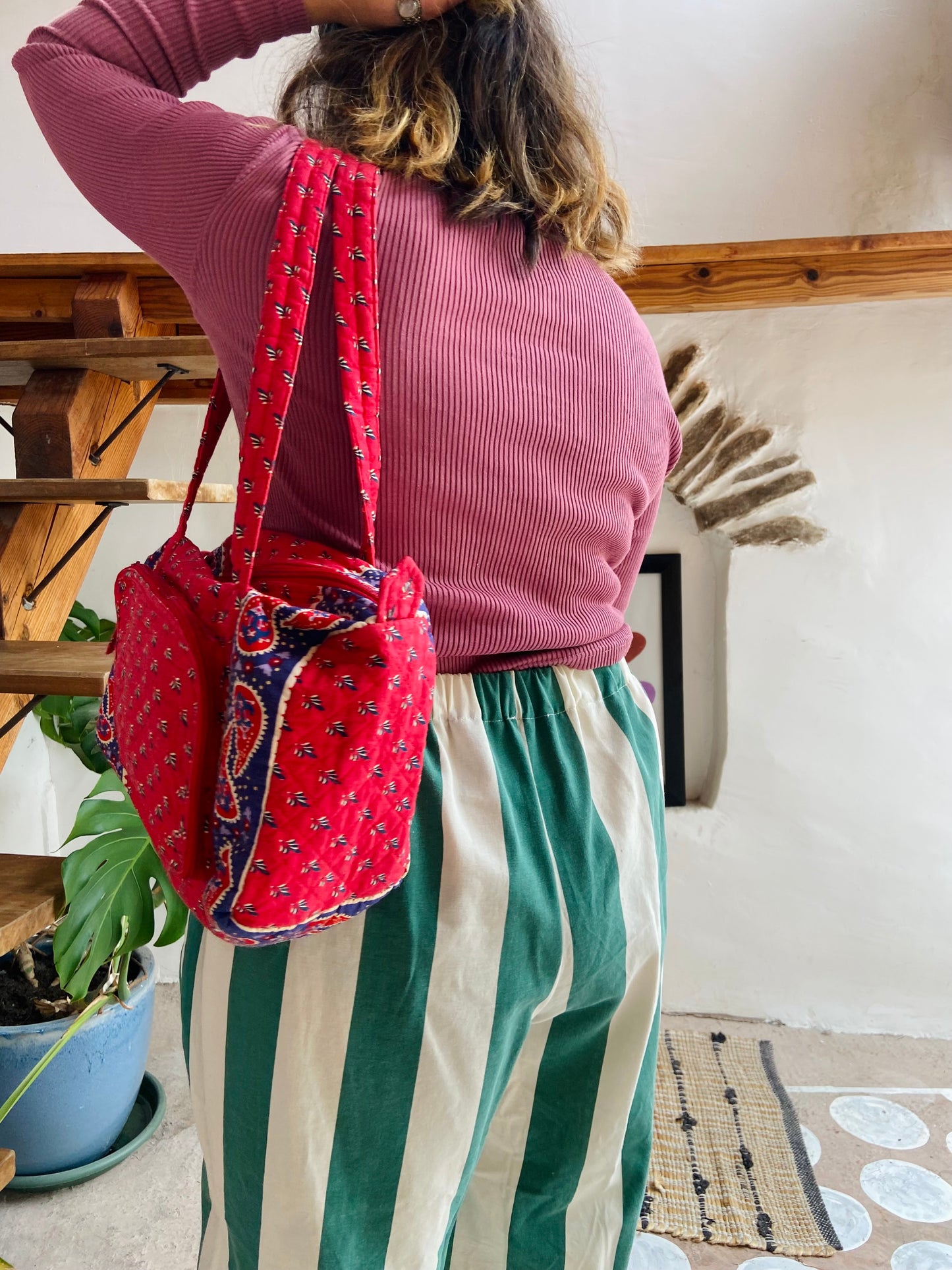 VINTAGE Red Provencal Pattern Shoulder Bag - ONE SIZE