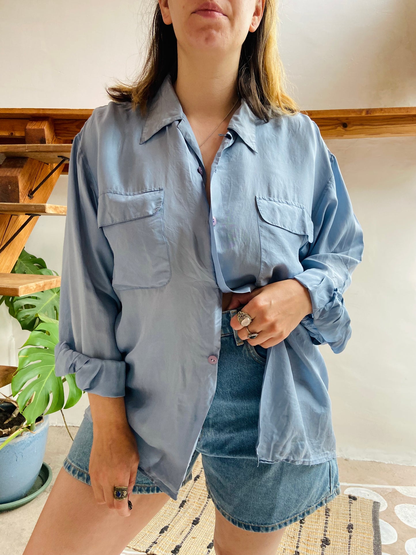 VINTAGE Pretty Blue Silk Long Sleeve Shirt - M/L