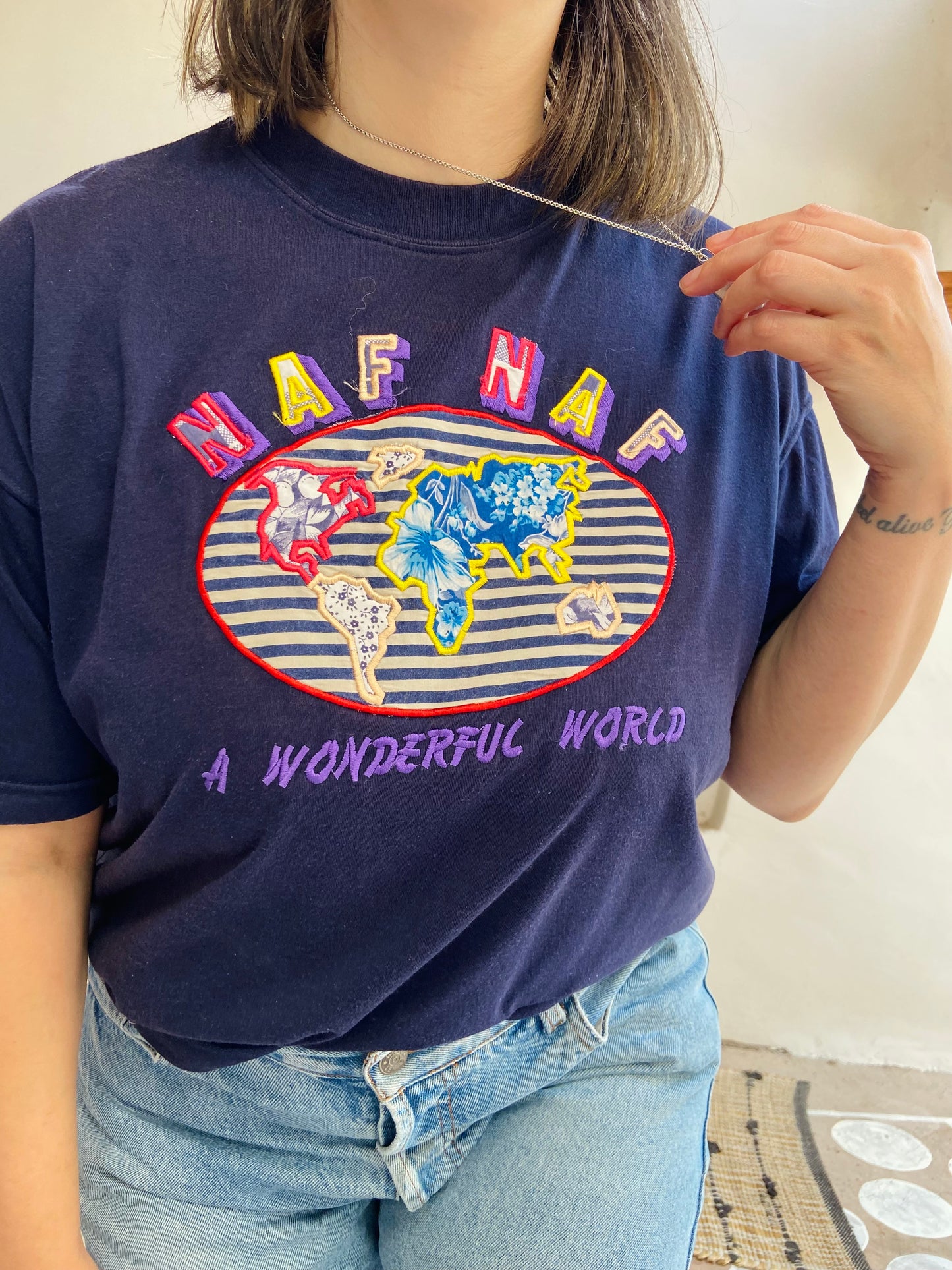 VINTAGE Naf Naf 90’s Blue Embroidered T-shirt Tee - M/L