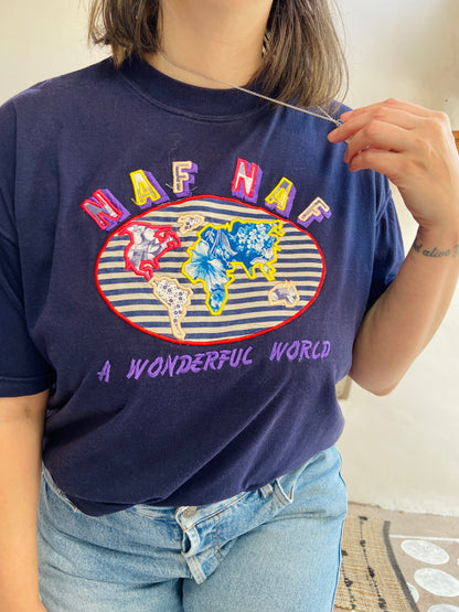 VINTAGE Naf Naf 90’s Blue Embroidered T-shirt Tee - M/L