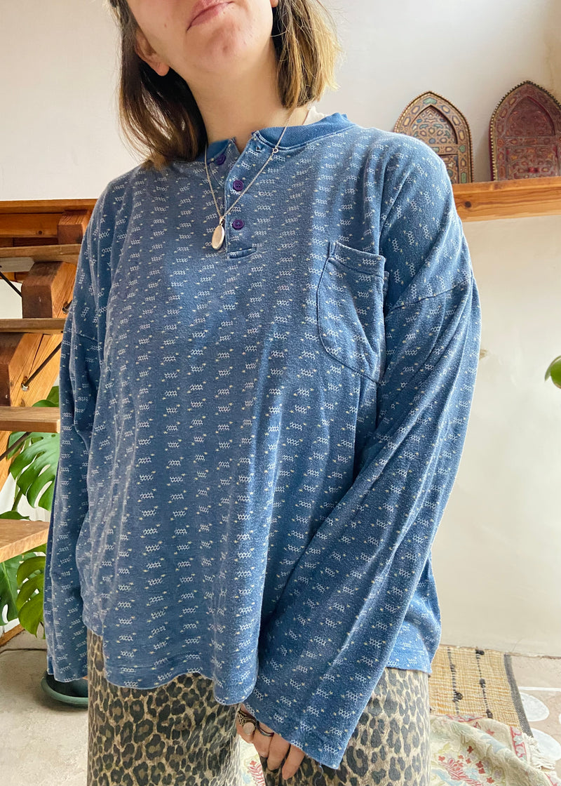 VINTAGE 90's Blue Patterned Grunge Long Sleeve T-Shirt Top - L