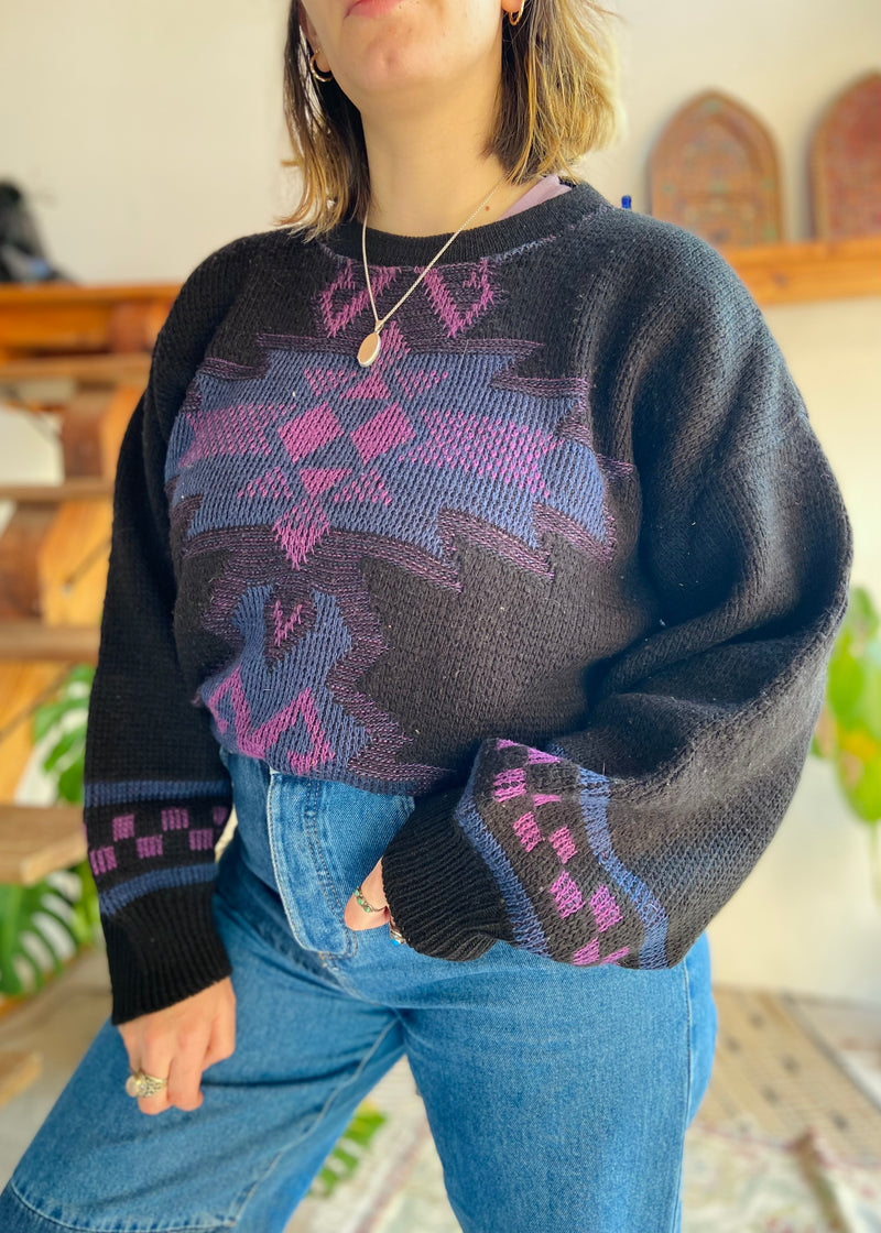 VINTAGE 90's Bohemian Pattern Knit Jumper - L