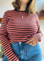 VINTAGE 90's Brown & Pink Stripe Long Sleeve Top - M/L