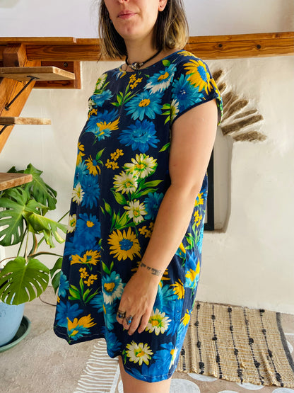VINTAGE 90's Blue & Green Floral Loose Mini Dress - L