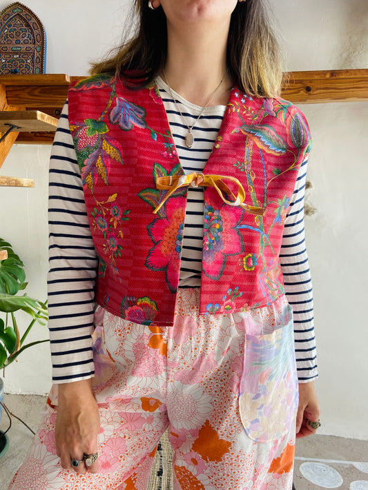 DESERT FOX Red Floral & 70's Orange Reversible Waistcoat - M/L